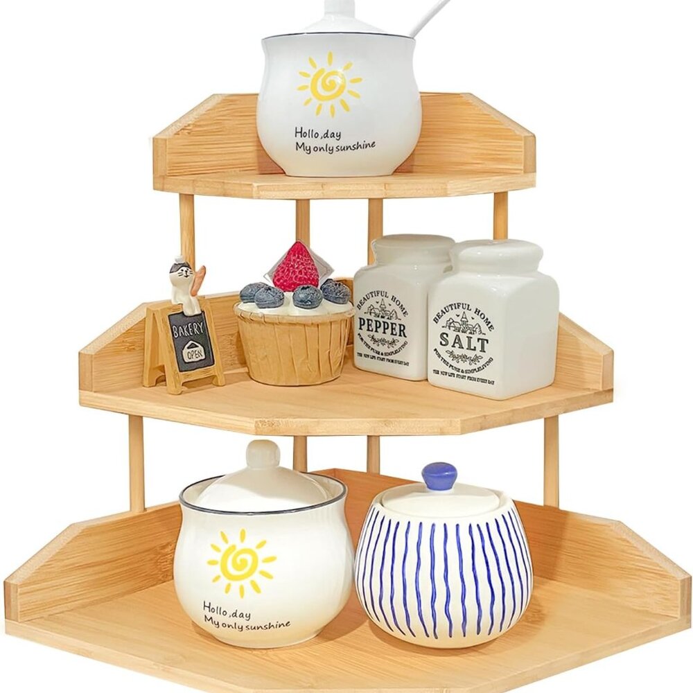Bamboo Spice Rack Corner Shelves-3 Tier Standing Pantry Shelf